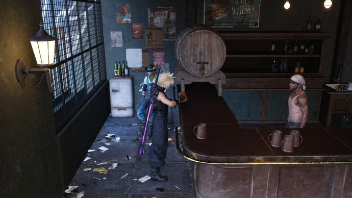Cloud takes a drink from a mug inside the Bail Jumper Bar in Corel Prison in Final Fantasy 7 Rebirth.