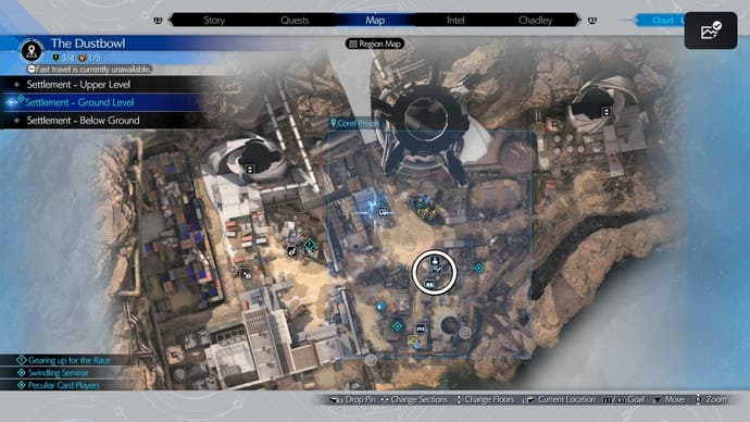 Corel Prison map with white circle marking weapon, books and general stores in Final Fantasy 7 Rebirth.