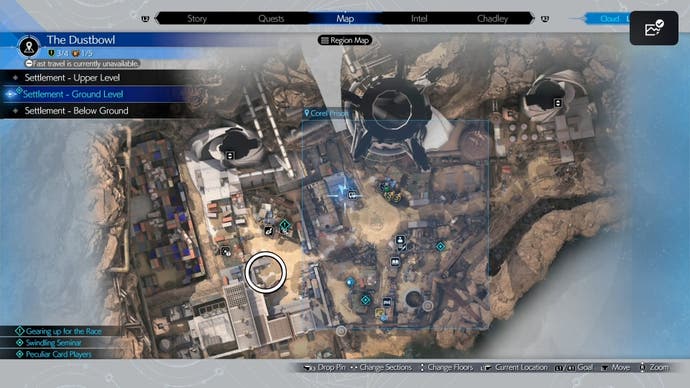 Corel Prison map with a white circle marking Gus's compound in Final Fantasy 7 Rebirth.