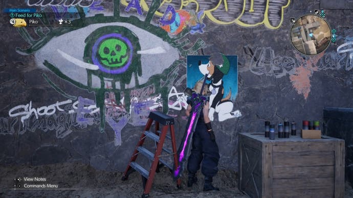 Cloud looking at Stamp the Dog's graffiti on Gus's compound in Corel Prison in Final Fantasy 7 Rebirth.