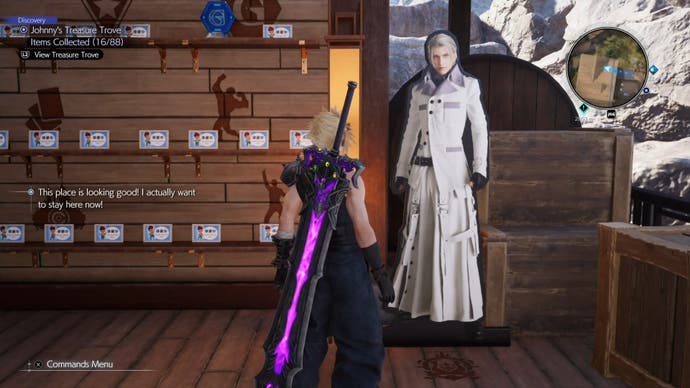 Cloud looking at a life-size cutout of Rufus Shinra at Johnny's Seaside Inn in Final Fatasy 7 Rebirth.