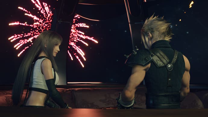 Cloud and Tifa on the Gold Save Ferris Wheel during a date in Final Fantasy 7 Rebirth.
