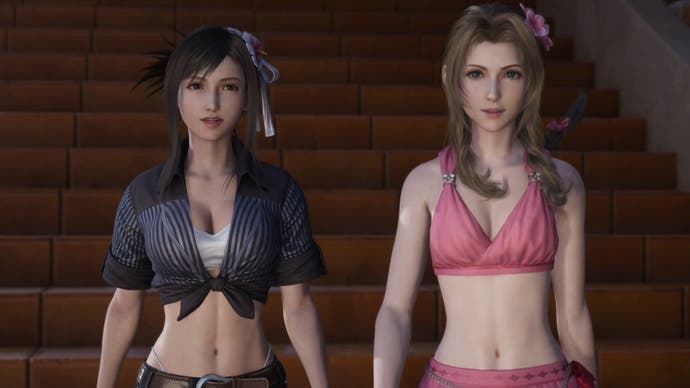 Tifa and Aerith in swimsuits on the beach on the Costa del Sol in Final Fantasy 7 Rebirth.