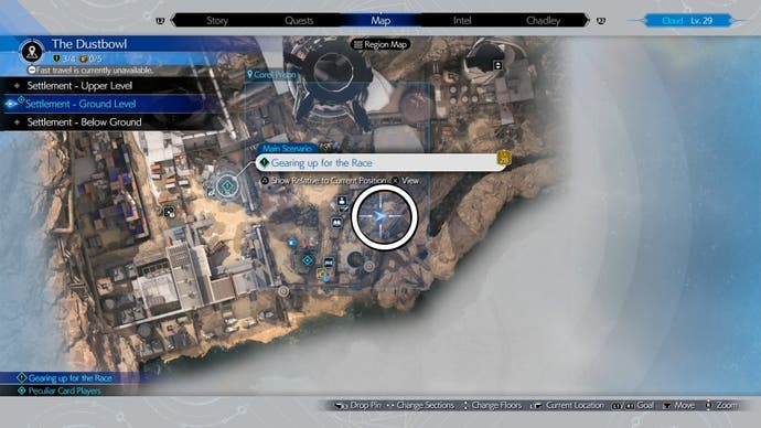 Вид на карте Dustbowl с локацией Пико, обведенной кружком в Final Fantasy 7 Rebirth.