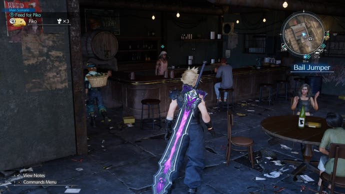 Клауд смотрит на бармена в баре Bail Jumper в тюрьме Корел в Final Fantasy 7 Rebirth.