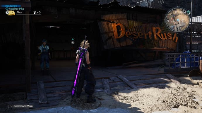 Клауд смотрит в магазин Corel Desert Rush в Final Fantasy 7 Rebirth.