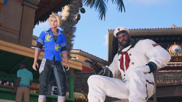 Cloud and Barret in summer outfits at Costa del Sol in Final Fantasy 7 Rebirth.