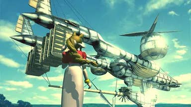 Aerith stands in front of an airship in this image from Final Fantasy 7.
