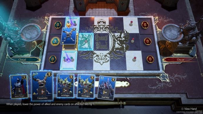 Карта Capparwire помещается на среднюю полосу игрового поля Queen's Blood, где используется сетка три на пять.