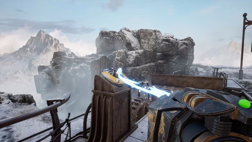Blue beam shoots out of weird gun while snowy mountains wait in the backdrop in a Firmament screenshot