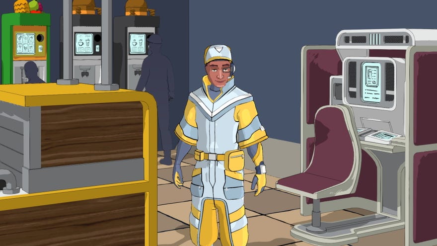 A service station work in yellow and grey overalls stands in front of a variety of futuristic tech machines in Flat Eye