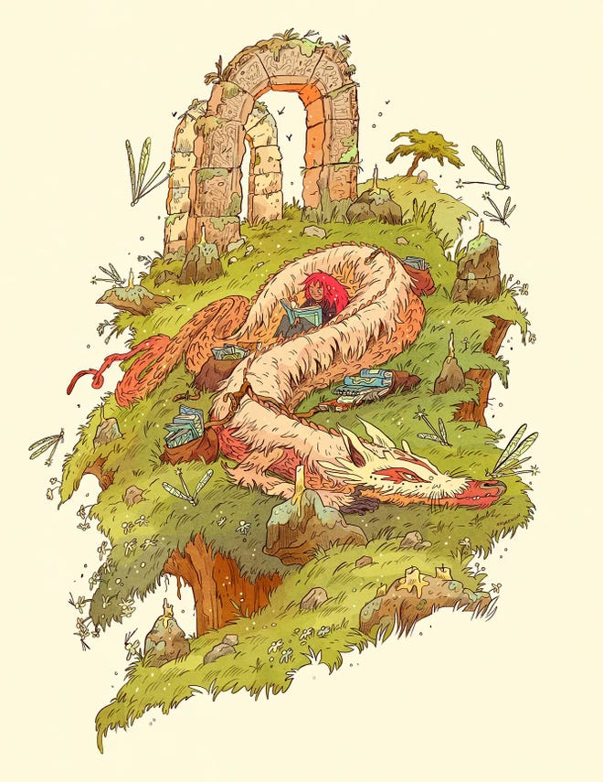 Illustrated poster featuring a large white dragon sleeping on a grassy knoll