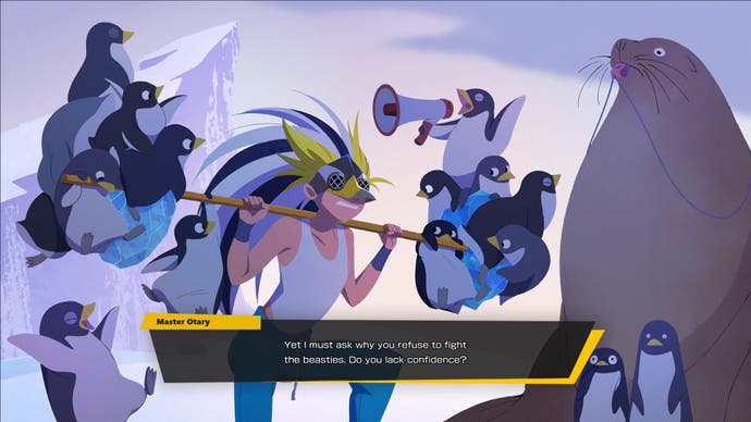 Captura de pantalla de Foamstars, que muestra una escena animada en la que Gwyn levanta peso muerto a pingüinos bebés.