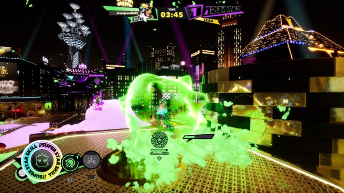 Soa usa su habilidad máxima para rodar en una bola verde pegajosa en una captura de pantalla de Foamstars.