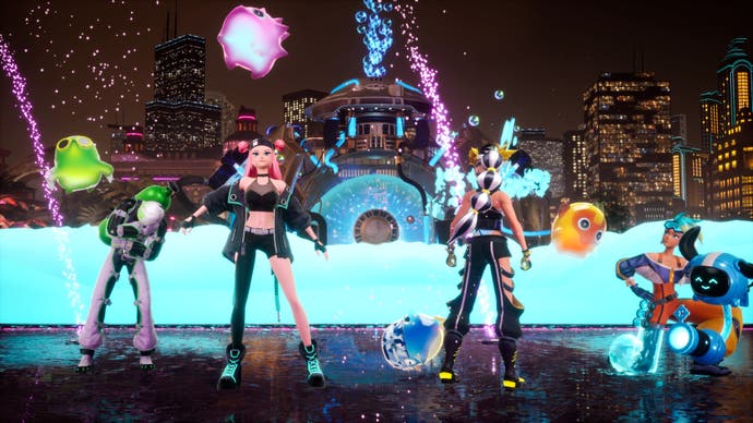 Cuatro jugadores hacen una pose de victoria en una captura de pantalla de Foamstars.