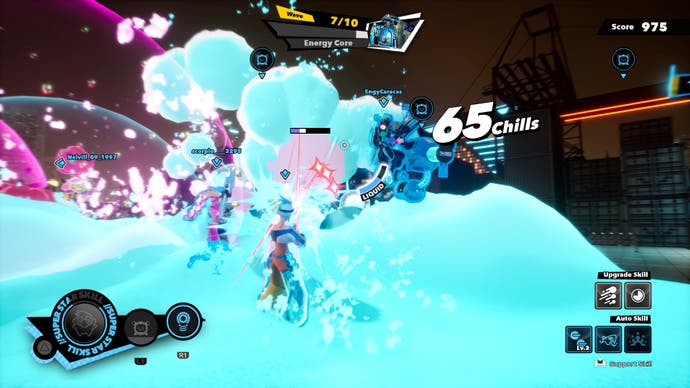 Captura de pantalla de Foamstars, que muestra una partida PvE con espuma azul por todas partes.