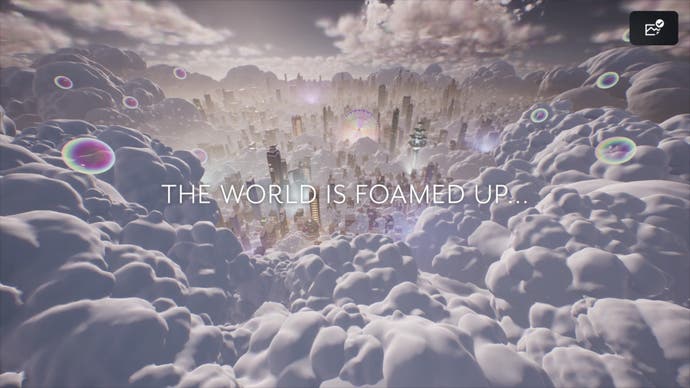 Screenshot from Foamstars, showing a city submerged in foam clouds and text that reads, “the world is foamed up.”