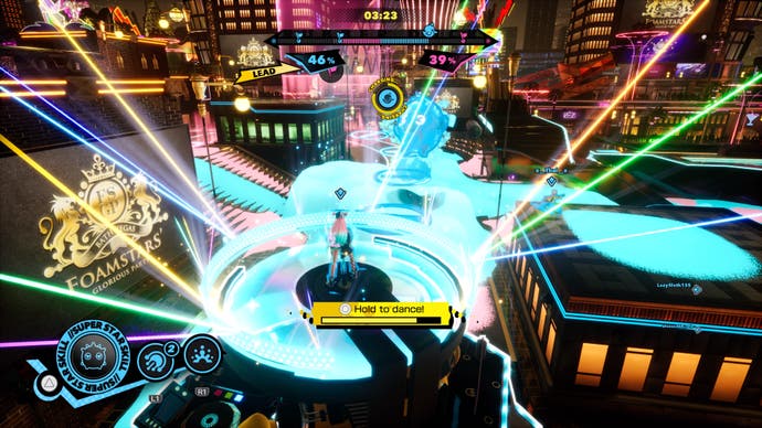Soa dances on the rubber duck objective in a screenshot from Foamstars multiplayer.