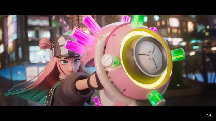 A player character in Foamstars with a wacky kind of weapon.