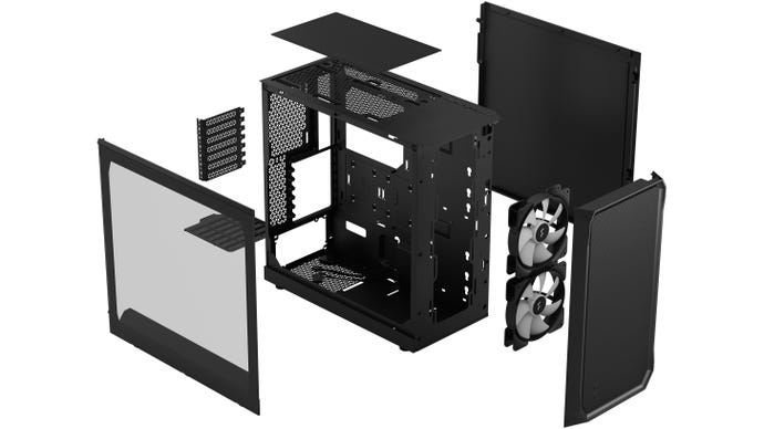 Fractal Design Focus 2 RGB PC case, visible in an exploded view showing the fans, panels and other design elements.