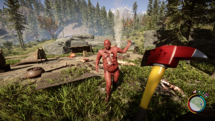 Un monstre rouge et nu s'approche du joueur dans un décor forestier dans Sons Of The Forest.