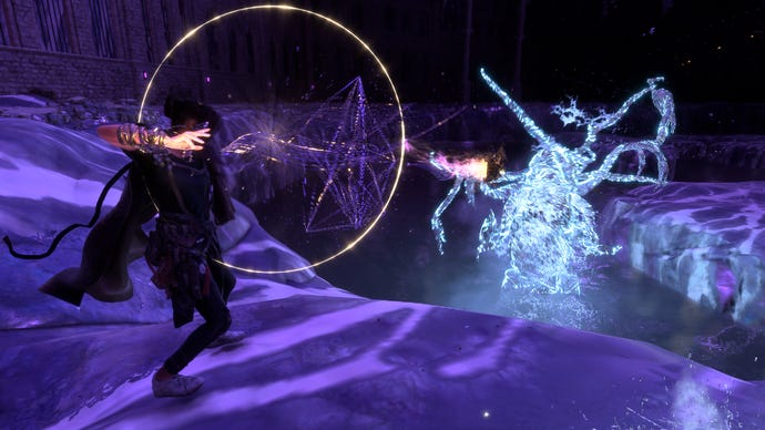 Frey fights an aquatic, squid-like boss in Forspoken.