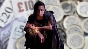 Forspoken's Frey sits over the top of some desaturated, blurred, English Sterling cash.
