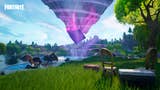 Fortnite's OG season screenshot showing the beloved Loot Lake with the purple Kevin the Cube hovering above.