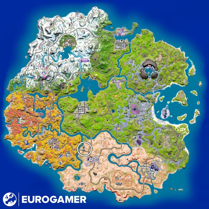 Der Driftwood -Standort mit einem weißen Kreis auf der Karte Fortnite, Kapitel 3 Staffel 4, Karte