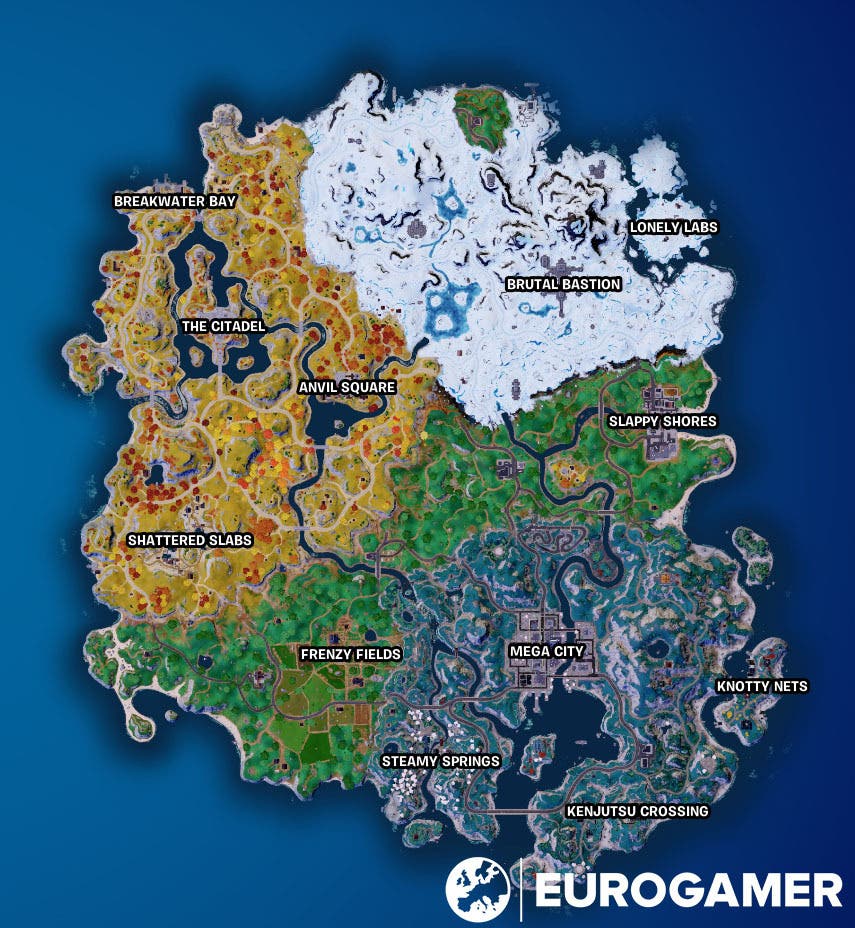 Fortnite Chapter 4 Season 2 map, named locations and landmarks