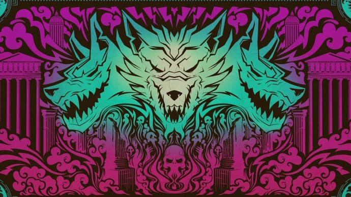 The Odyssey's Origin loading screen in Fortnite, which depicts three green wolf heads on a pink Greek-style background.