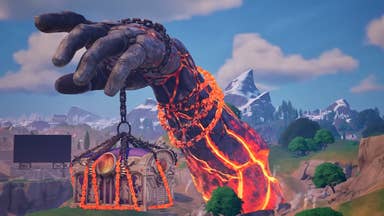 A giant molten hand holding a treasure box bursts forth from Fortnite's Island.
