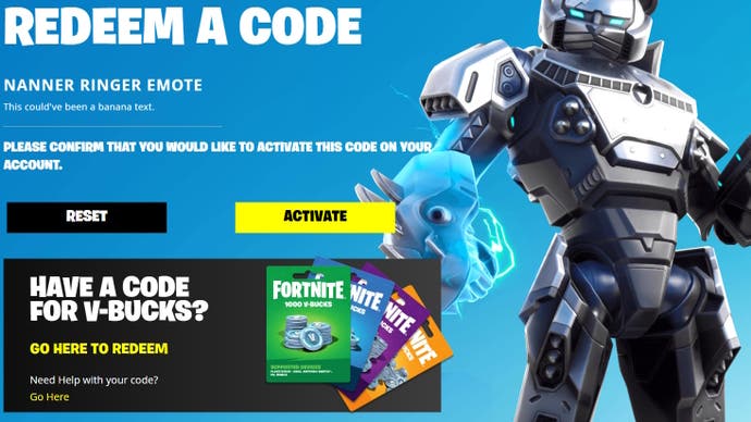 Cropped website redemption page with a light blue background showing what reward is about to be redeemed in the text and a robot character on the right and v-bucks redemption tips at the bottom in a pop-up window