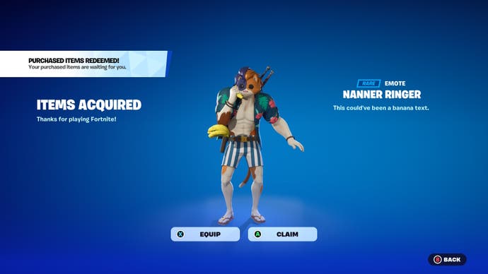a summer outfit meows using the banana ring emote on a blue background with text showing a successful redemption of the emote