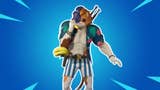 summer outfit meowscles using the banana ringer emote on a blue background with light blue lines in the corners