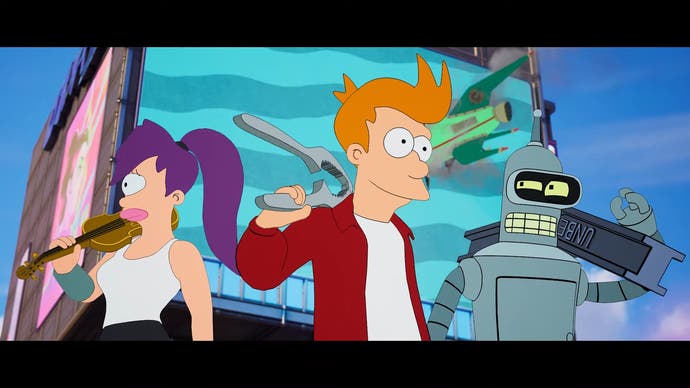 Futurama's Fry, Leela en Bender in Fortnite.