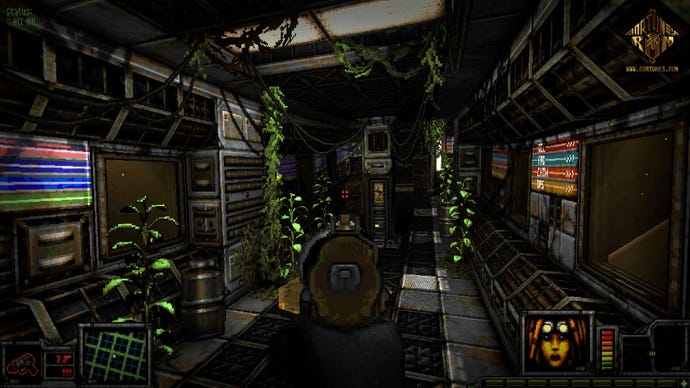 An interior from sci-fi game Fortune's Run, with plants growing in corners.