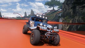 A massive monster truck speeds down an orange track in the Forza Horizon 5 Hot Wheels expansion.
