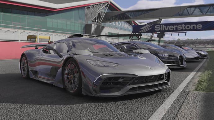 Forza Motorsport screenshot showing several silver-grey cars lined up on the track