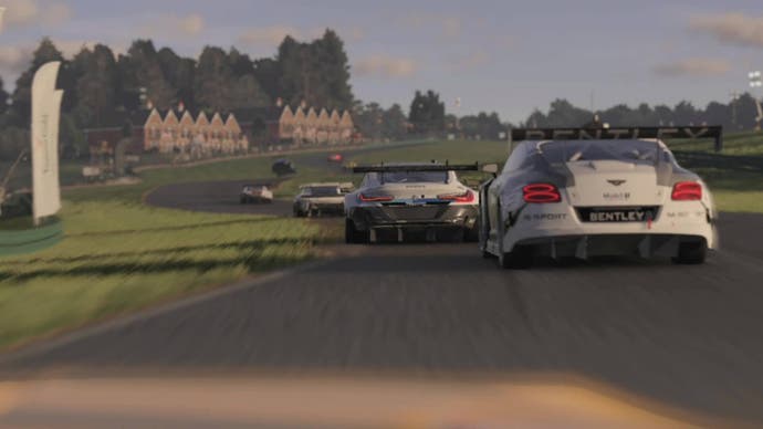 Forza Motorsport screenshot showing a queue of several white racecars ahead of you in a race