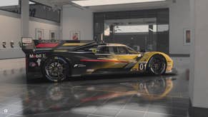 Forza Motorsport screenshot, showing a yellow and black 2023 Cadillac V-Series.R, in a showroom.