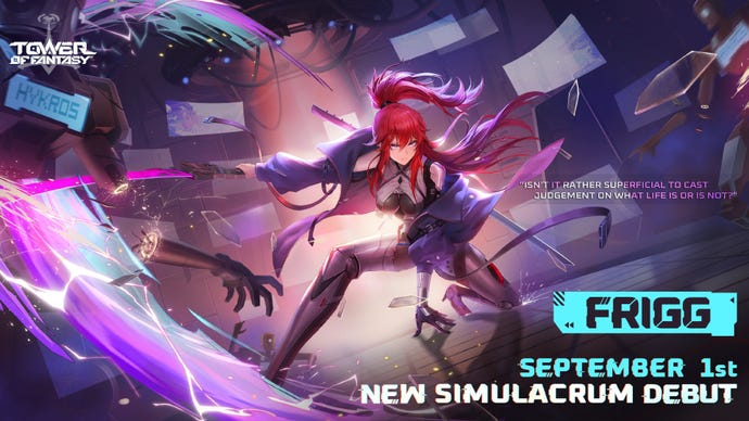 Tower of Fantasy art showing the new character swiping her sword and leaving a purple trail while crouching. On the right, large text reads "FRIGG", "SEPTEMBER 1st", "NEW SIMULACRUM DEBUT".