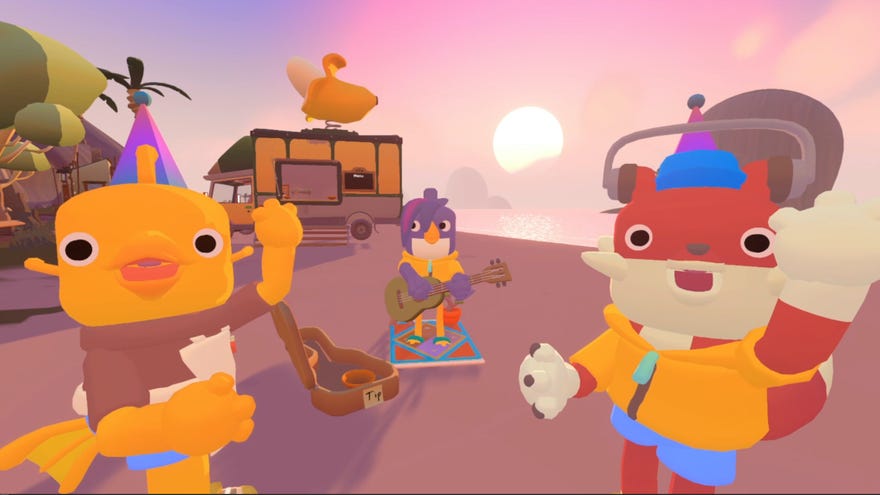 A big fox, duck, and bird gather next to the sea in a screenshot from Fruitbus.