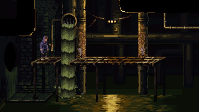 A boy stops in front of a watery drain in a sewer in Full Void