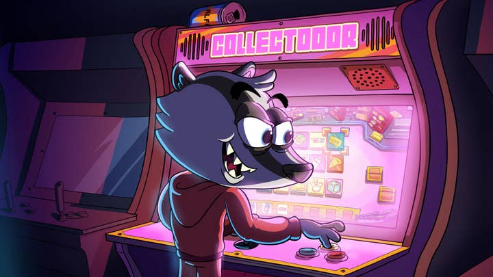 A cartoon badger plays an arcade game, selecting a bar of gold from a grid of icons on the screen including 3D glasses, pizza, a takeout container with chopsticks, and a coffee mug with