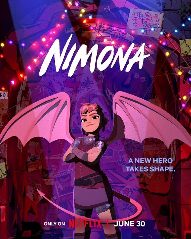 Nimona poster featuring Nimona crossing her arms over her chest