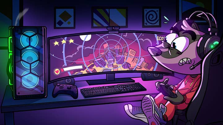 A badger in a sweatsuit sits in front of a widescreen monitor playing a game and wearing a headset. Several framed pictures hang on the wall behind the monitor, including a swirl similar to that of the Sega Dreamcast, but flipped left-to-right.
