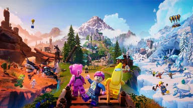 Fortnite Lego artwork showing the battle royale's characters as Lego minifigures in a blocky version of the Fortnite world, with different biomes, monsters and building on show.