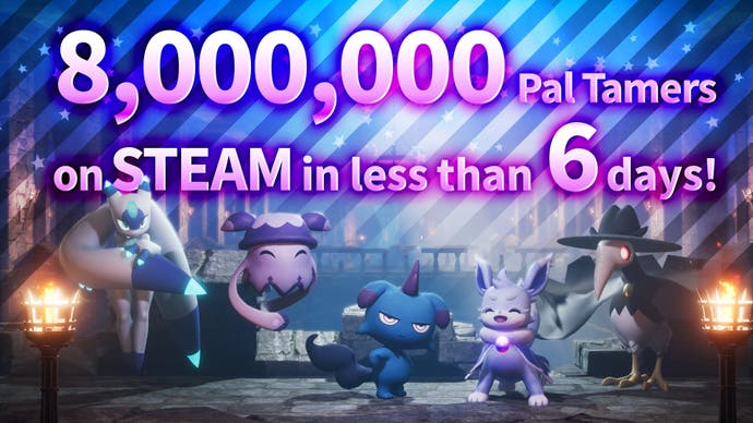 Imagen de Palworld que muestra que el juego ha sido jugado por 8 millones de 'domadores' en menos de seis días.