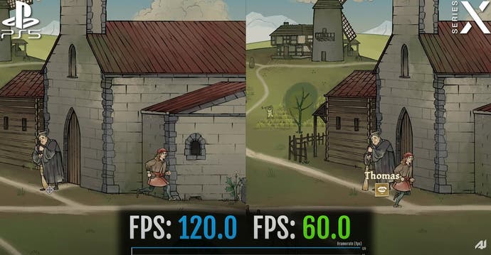 Pentiment screenshot showing frame rate differences between PS5 and Xbox Series X